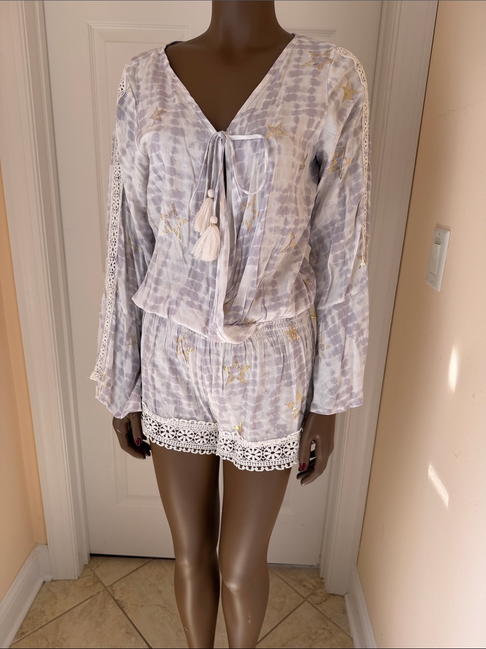 Surf Gypsy Light Gray Tie-Dye Romper with Gold Star Accents